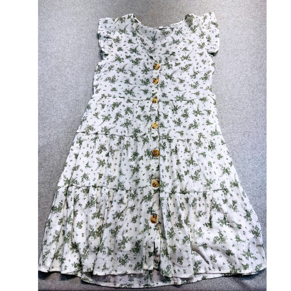 Mine Womens L White Green Floral Tiered Dress Flutter Sleeve Cottagecore Flowy